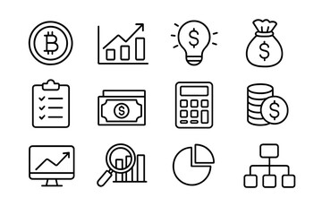 Finance and business icon set. Concepts of cryptocurrency, data analytics, financial growth, investment ideas, budget planning, and money management. Vector line icons.
