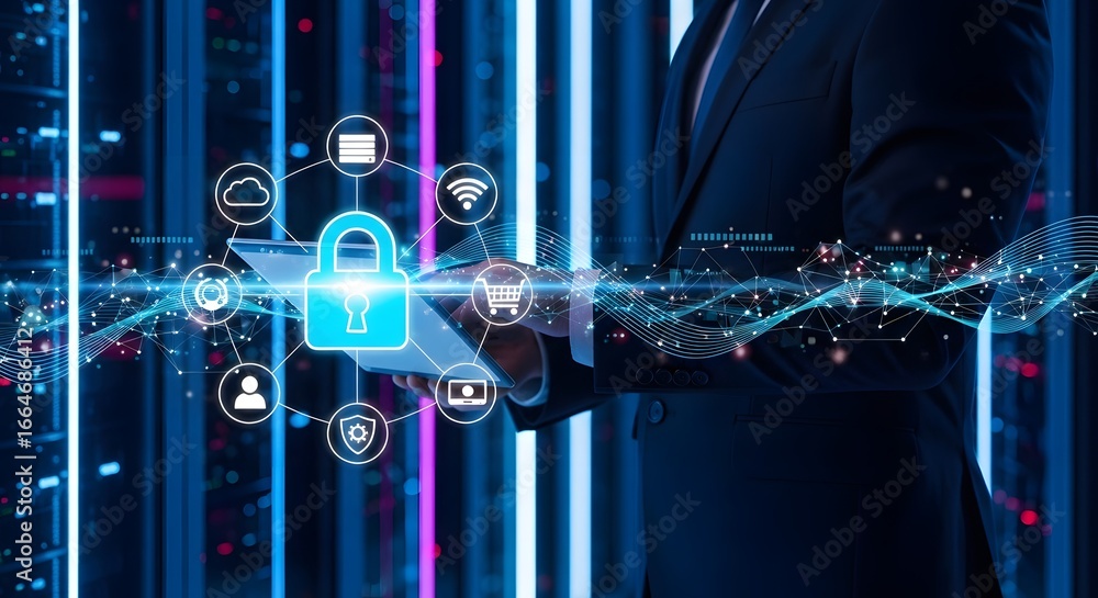 Poster businessman using tablet with cybersecurity and data protection concept, padlock icon on virtual scr
