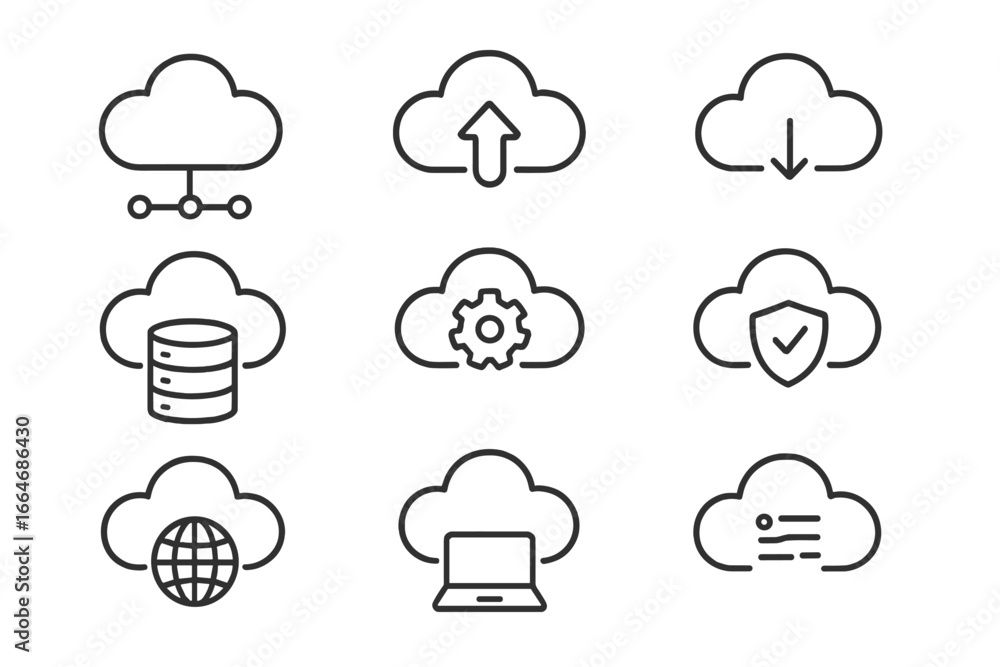 Poster cloud computing outline icon set. network storage and technology symbols. vector collection for web,