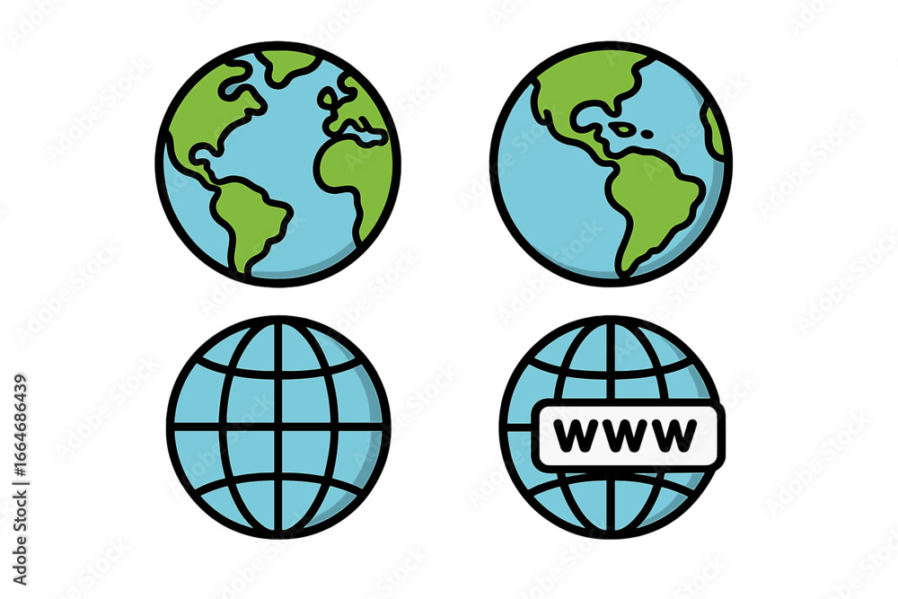 Poster globe icon set for web and internet. earth planet symbols. world map vector. global communication an