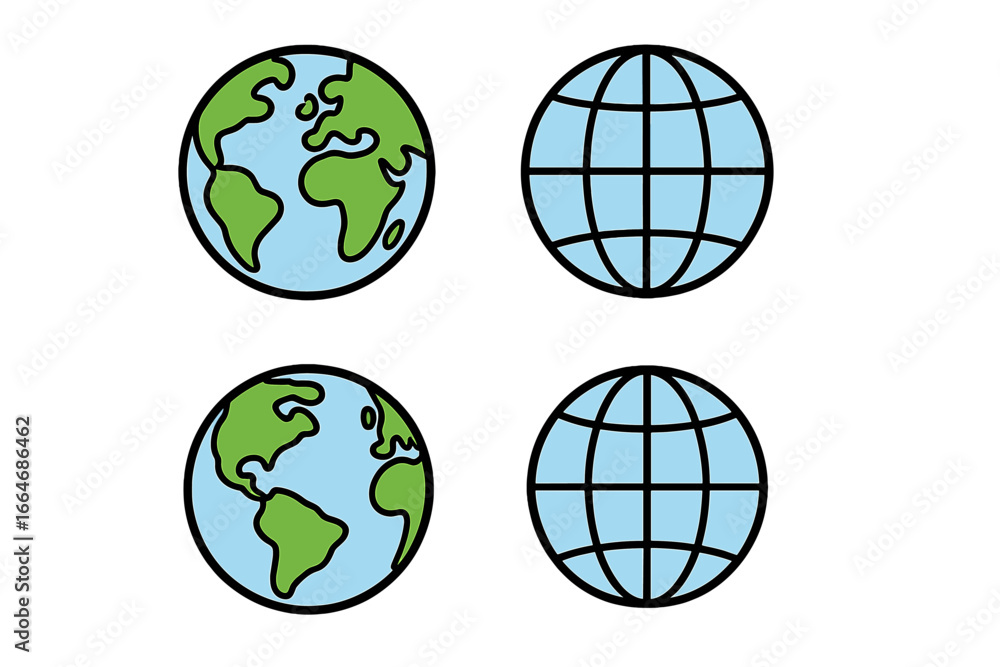 Poster globe icon set with earth planet symbols. vector cartoon illustration of a world map and simple grid