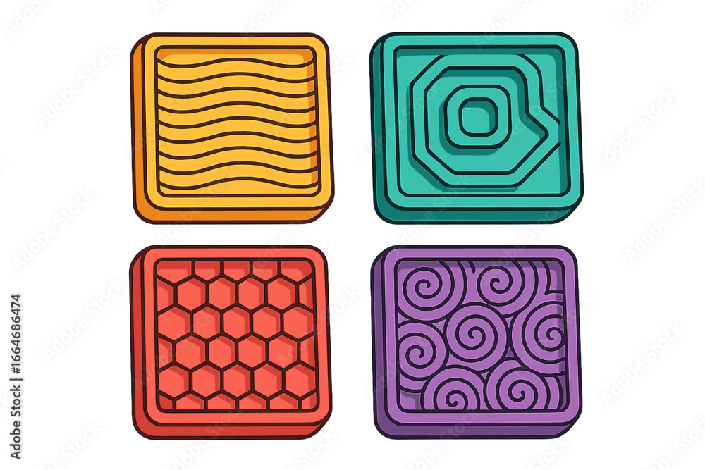 Poster colorful 3d texture swatches vector icon set. diverse design patterns and material samples for creat