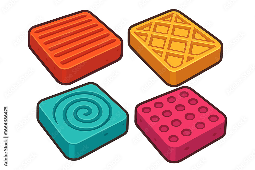 Aufkleber set of colorful isometric 3d blocks with various textures. collection of game asset tiles or ui elem