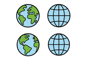Globe icon set with Earth planet symbols. Vector cartoon illustration of a world map and simple grid wireframe globes. Website and internet communication elements.