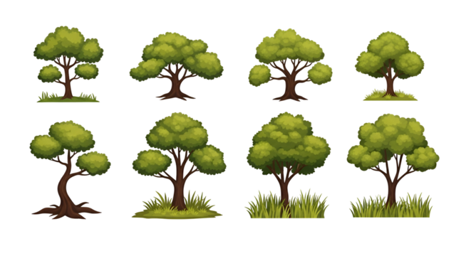 Collection of Cartoon Green Trees with Varying Shapes and Sizes on Transparent Background