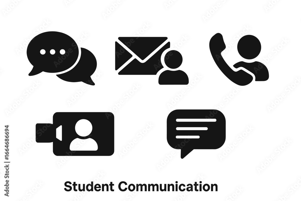 Poster communication icons solid glyph set. student contact methods for e-learning. vector symbols for chat