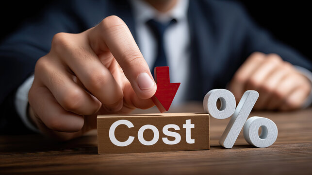 Cost reduction concept with hand pressing downward arrow on wooden block labeled Cost and percentage symbol, symbolizing financial savings