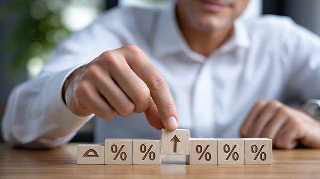 Building financial growth with wooden blocks displaying percentage symbols, symbolizing investment and progress in business