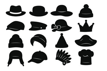 Headwear silhouette icon set. Vector collection of various hats and caps. Includes fedora, beanie, crown, chef hat, cap. Fashion and costume accessory graphic elements.