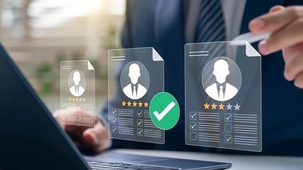 Businessperson reviewing candidate profiles on a laptop, using a digital interface to select and assess - Powered by Adobe