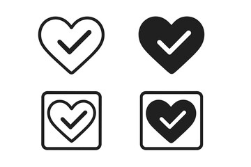 Heart with checkmark icon set. Love, like, and favorite symbol. Approved, correct, and validated sign. Health care quality check. Done, vote, and choice concept vector.