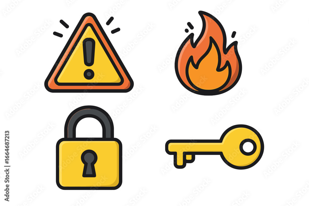 Poster cybersecurity concept of digital safety. warning sign and fire symbol for firewall alert. padlock fo