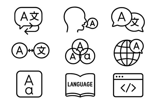 Language icons set. Vector outline pictograms of bilingualism, multilingualism, and translation. Global communication, dictionary, and language processing symbols collection.