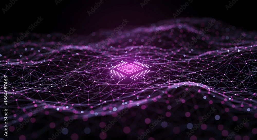 Aufkleber a glowing purple processor chip sits atop a network of interconnected dots and lines, representing a