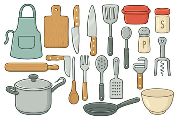 Kitchen tools and utensils vector icon set. Cartoon illustration of culinary equipment for cooking and food preparation. Cookware, cutlery, and kitchenware collection.