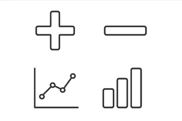 Obraz premium Set of mathematical and statistical line icons. Plus and minus symbols, line graph, and bar chart for data analysis. Vector illustration for business, finance, infographics.