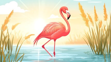 Fototapeta premium Flamingo in a tranquil marsh at sunset