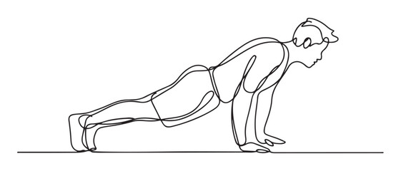 Single one line drawing Man doing push up. Fitness activity concept. Continuous line draw design graphic vector illustration. Vector black silhouette. with white background