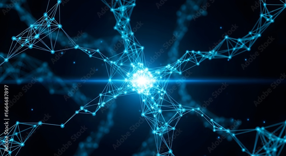 Poster abstract neural network with glowing connections, representing artificial intelligence, data transmi