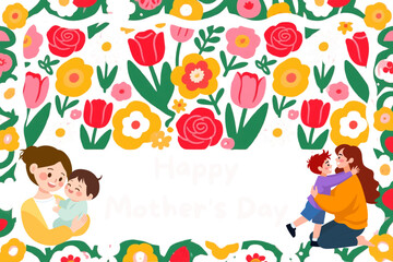 Vector seamless pattern of flowers and “Happy Mother’s Day” text.