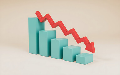 3D illustration features a bar graph with five vertical bars, indicating a decreasing trend, and a red zigzag line, highlighting a clean, modern, and uncluttered design.