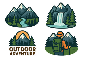 Set of outdoor adventure and hiking emblems. Mountain travel logo collection with hiker, waterfall and forest. Nature exploration badges for camping and trekking vector icons.
