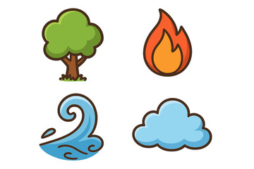 Four elements of nature icon set. Earth, air, fire, and water symbols. Cute cartoon vector illustration with a tree, cloud, flame, and wave for design. Simple flat icons.