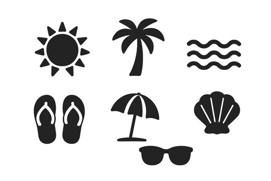 Summer icon set vector. Solid glyph silhouette icons for beach vacation. Sun, palm tree, ocean wave, flip flops, sunglasses, seashell, travel symbols. Holiday graphic elements.