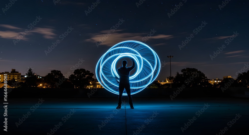 Poster a mesmerizing light painting captured at night, showcasing a person creating abstract patterns with 