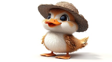 Cartoon duck wearing hat standing full body vector illustration white background minimalist children's book style