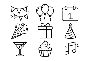 Party celebration line icon set. Festive collection for birthday, event, holiday. Vector icons of gift, balloon, cake, calendar, hat, music, drink. Outline design elements.