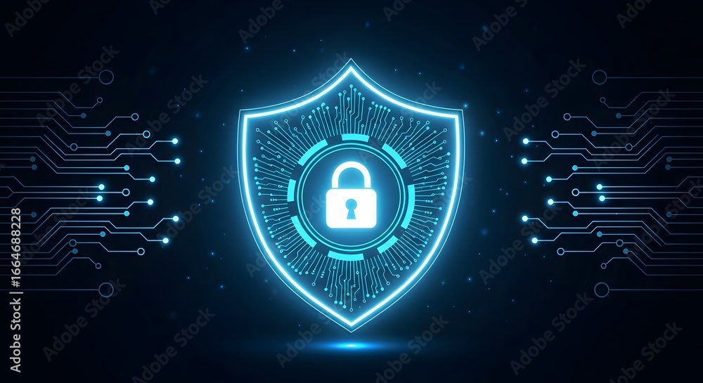 Poster digital shield with padlock representing cybersecurity and data protection, emphasizing network secu