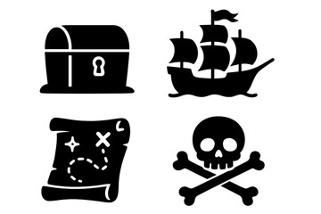 Pirate adventure silhouette icon set. Vector graphic collection with treasure chest, sailing ship, old map, and skull crossbones. Sea piracy, jolly roger, and marine exploration.