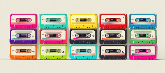 Colorful vintage audio cassettes arranged in neat rows, displaying retro music technology pattern against minimalist neutral backdrop