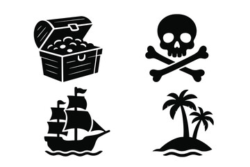 Pirate adventure icon set with treasure chest, skull and crossbones, ship, and island. Black silhouette graphics. Vector cartoon illustration for a sea journey concept.