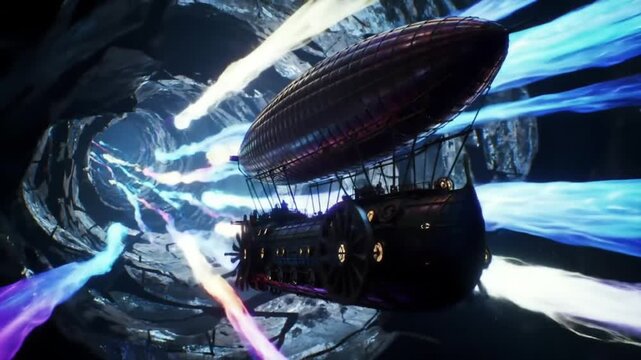 steampunk airship sailing across fractured time dimensions with glowing trails