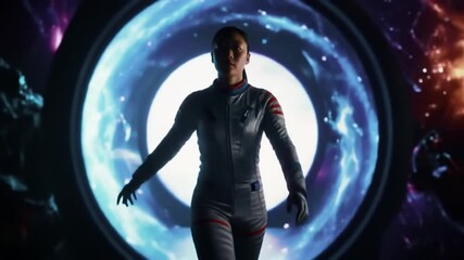 cosmic frontier scene with astronaut crossing portals into alternate universes