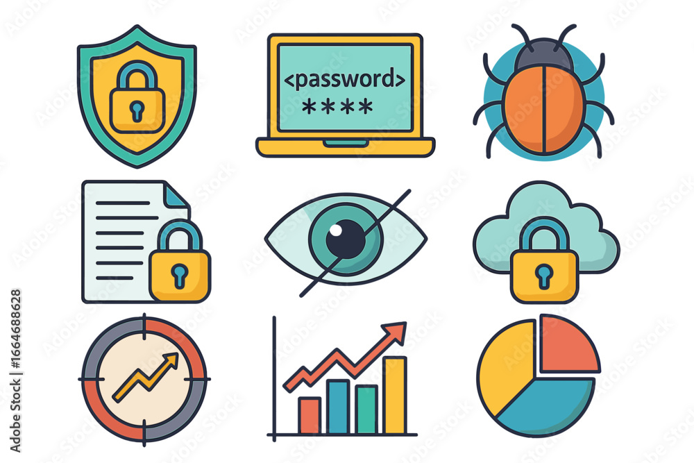 Poster cyber security and data analysis icon set. vector collection for business report and web. icons for 