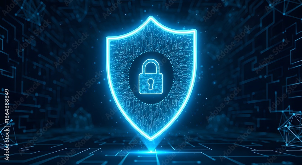 Poster digital shield with padlock representing cybersecurity, data protection, and network security in a f