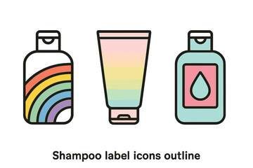 Obraz premium Colorful Shampoo Label Icons Set with Rainbow Stripe Bottle, Pastel Ombré Tube, and Bold Graphic Vector Illustrations for Hair Care Packaging Design