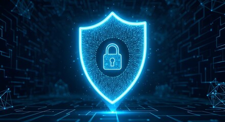 Digital shield with padlock representing cybersecurity, data protection, and network security in a futuristic, glowing blue design for online safety and privacy