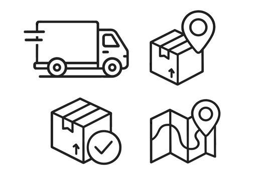 Delivery and logistics icon set for shipping and tracking. Outline style vector cartoon illustration. Includes fast truck, package location pin, order confirmed and map.