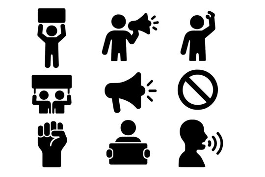 Protest and activism solid icon set. Collection of glyphs for advocacy, demonstration, and awareness. Vector icons of protestors with megaphone, banner, and raised fist.