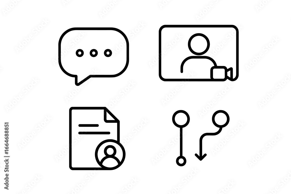 Fototapete team collaboration tool icons set, outline vector symbols including chat bubble, video call screen, 