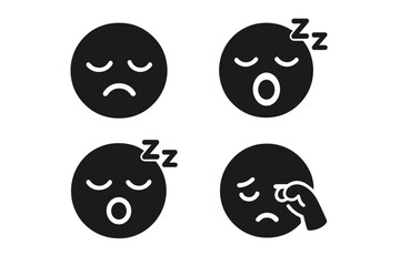 Fototapeta premium Sleepy face icons set with solid filled design, funny expressions including yawning, snoring, droopy eyes, eye rubbing, tired emotions, vector illustration on transparent background