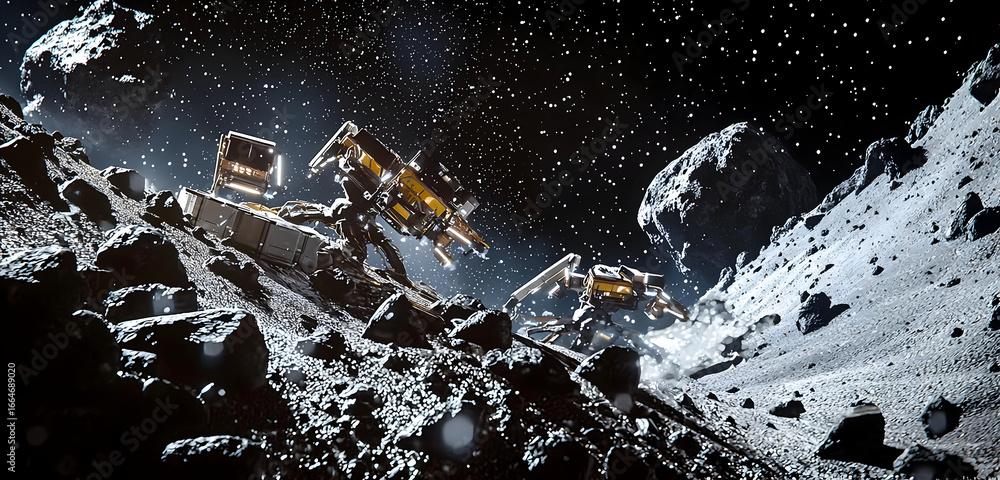 Aufkleber futuristic space mining operation on a desolate moonscape with advanced robotic machinery extracting