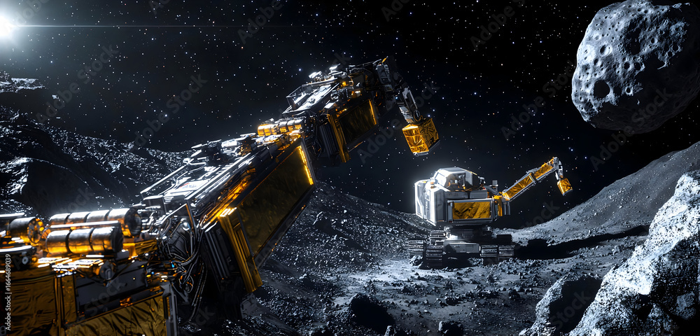 Poster experience the future of space exploration with advanced mining equipment excavating resources on a 