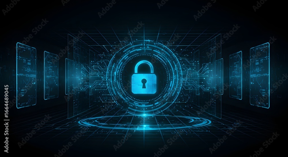 Poster futuristic glowing padlock surrounded by digital elements representing cybersecurity, data protectio