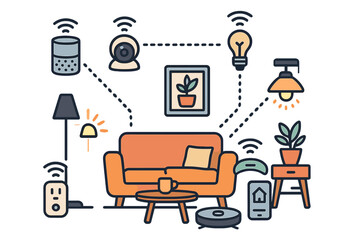 Smart home devices showcasing connectivity and automation in modern living spaces for enhanced convenience, comfort, and security. Vector cartoon illustration with transparent background.