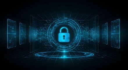 Futuristic glowing padlock surrounded by digital elements representing cybersecurity, data protection, and secure online access in a modern technological environment